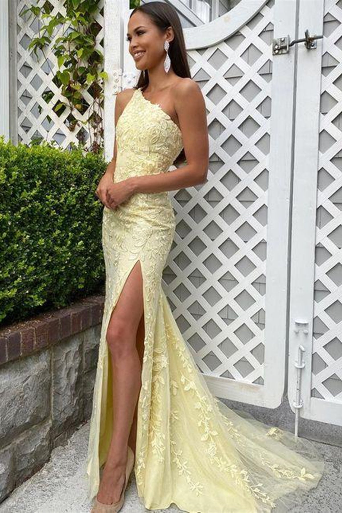 One Shoulder Mermaid Yellow Lace Tulle Long Prom Dresses, Mermaid Yell Eip Collection One Shoulder Mermaid Yellow Lace Tulle Long Prom Dresses, Mermaid Yell Eip Collection