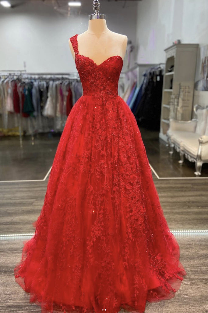 One Shoulder Open Back Red Lace Long Prom Dresses, Sweetheart Neck Red Eip Collection One Shoulder Open Back Red Lace Long Prom Dresses, Sweetheart Neck Red Eip Collection