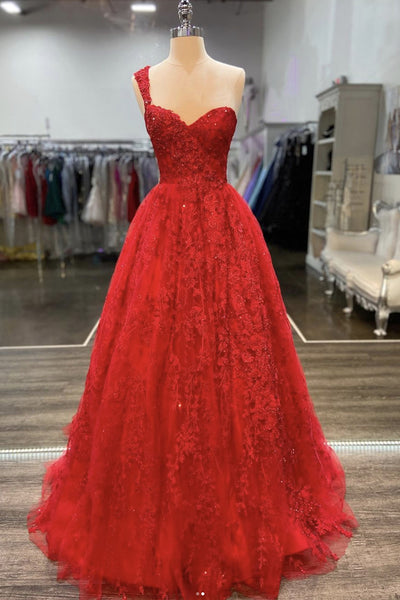 One Shoulder Open Back Red Lace Long Prom Dresses, Sweetheart Neck Red Lace Formal Dresses, Red Evening Dresses EP1682
