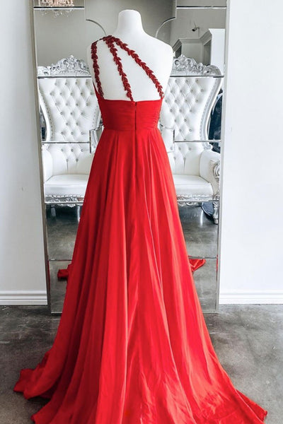 One Shoulder Open Back Red Long Prom Dresses, Backless Red Formal Graduation Evening Dresses