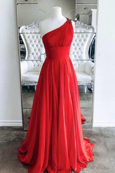 One Shoulder Open Back Red Long Prom Dresses, Backless Red Formal Graduation Evening Dresses