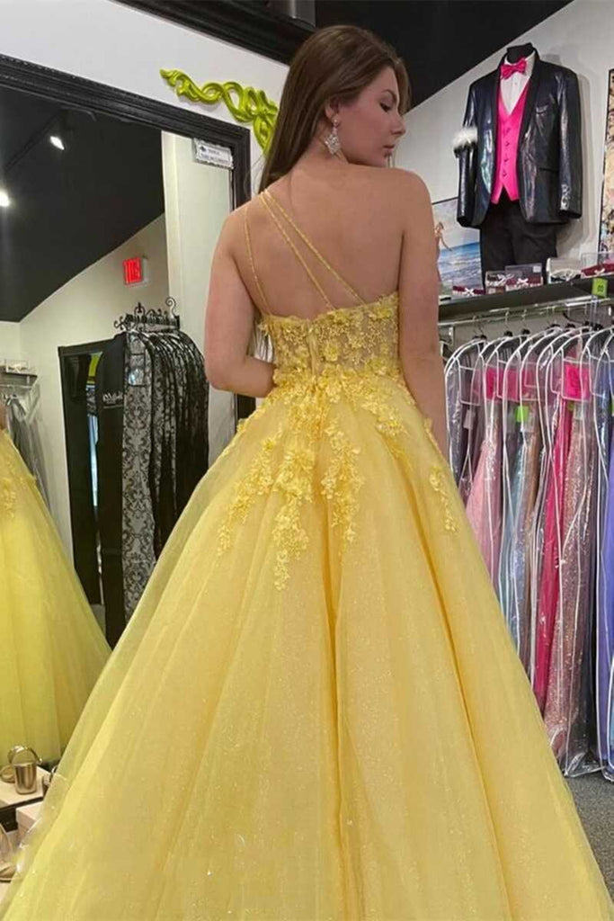 One Shoulder Open Back Yellow Lace Tulle Long Prom Dresses, One Should Eip Collection One Shoulder Open Back Yellow Lace Tulle Long Prom Dresses, One Should Eip Collection