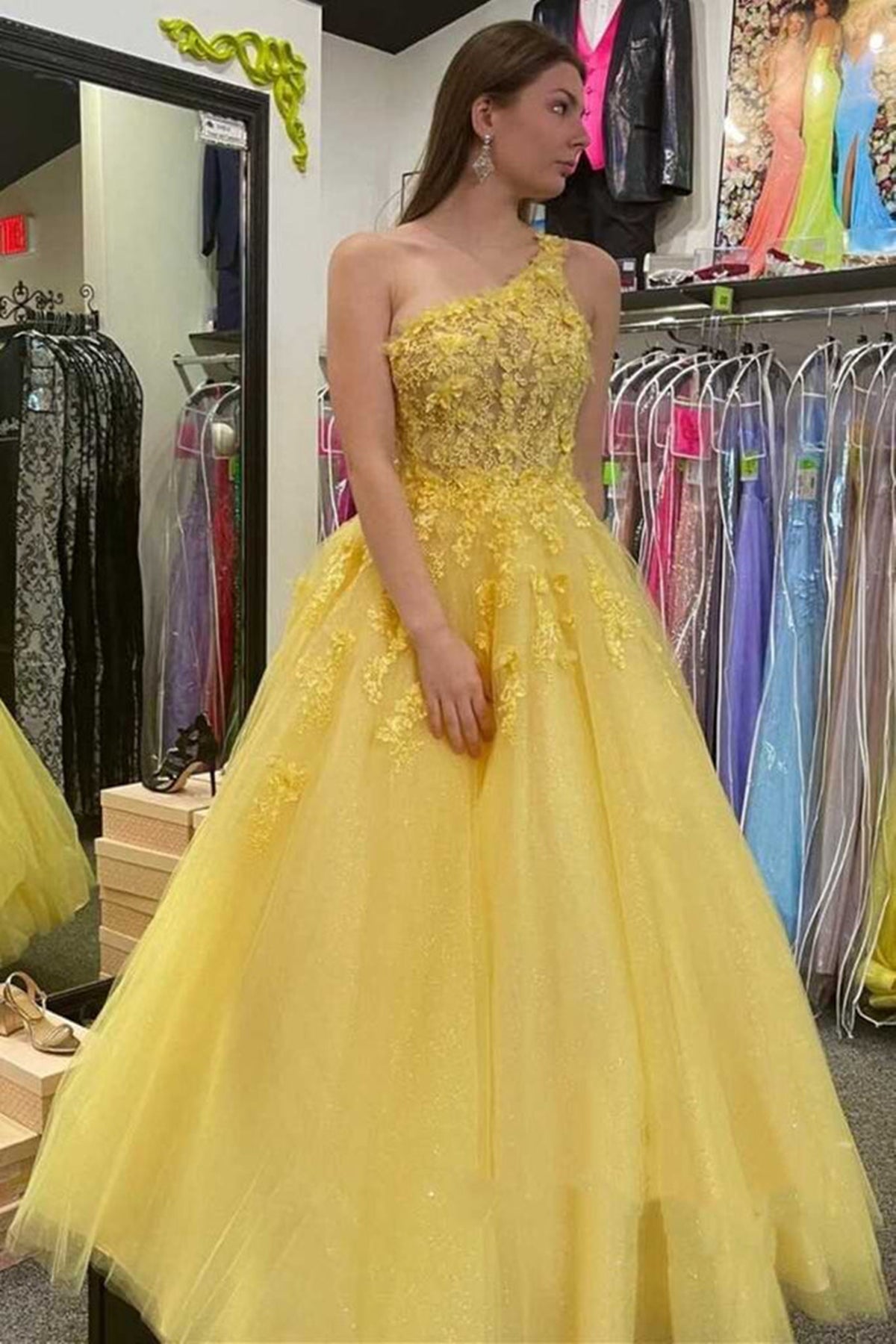 One Shoulder Open Back Yellow Lace Tulle Long Prom Dresses, One