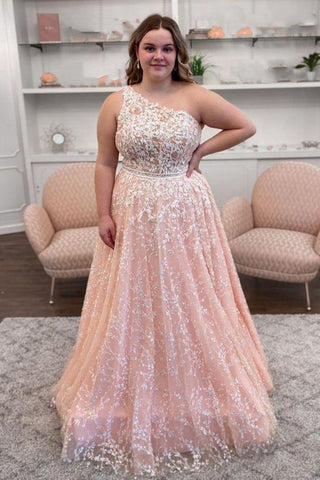 One Shoulder Pink Lace Long Prom Dresses, One Shoulder Pink Formal Dresses, Pink Lace Evening Dresses EP1501