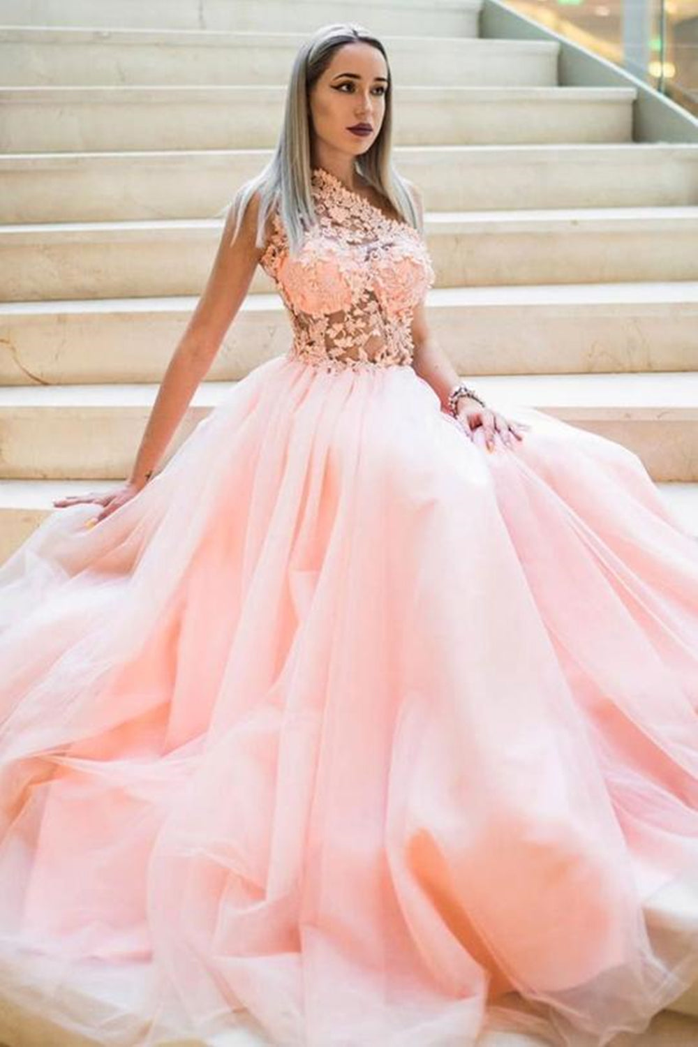 One Shoulder Pink Lace Long Prom Dresses, Pink Lace Formal Dresses, Pink Evening Dresses EP1415