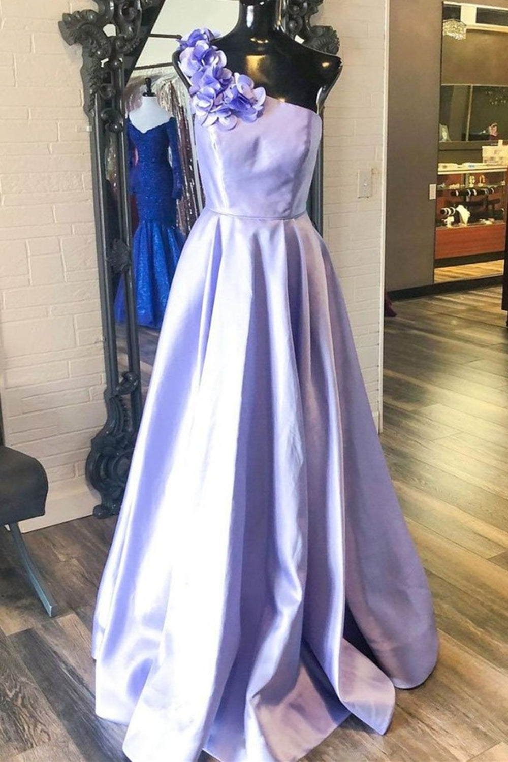 One Shoulder Purple Satin Long Prom Dresses with Flowers, Purple Formal Evening Dresses EP1351