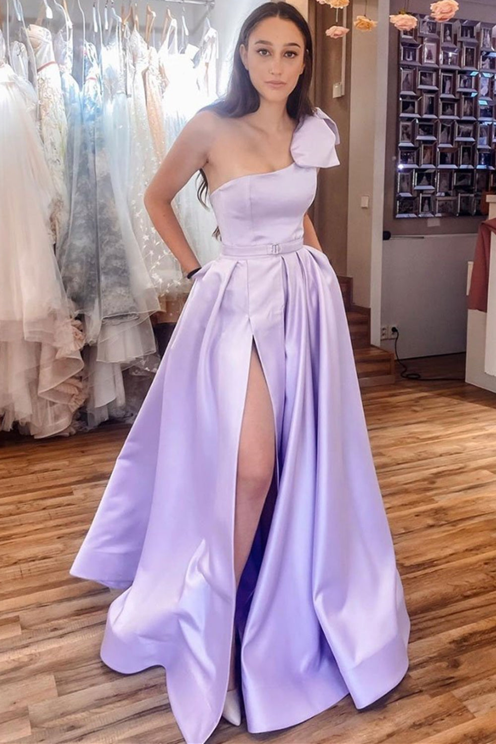One Shoulder Purple Satin Long Prom Dresses with Pocket, One Shoulder Purple Formal Evening Dresses with High Slit EP1339