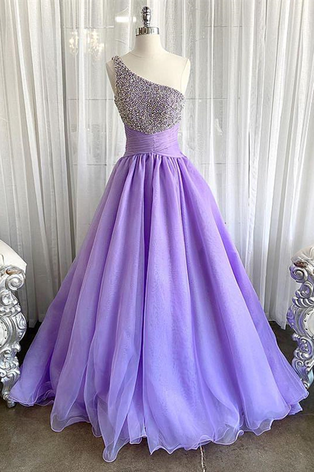 One Shoulder Purple Tulle Prom Dresses, One Shoulder Purple Formal Evening Dresses