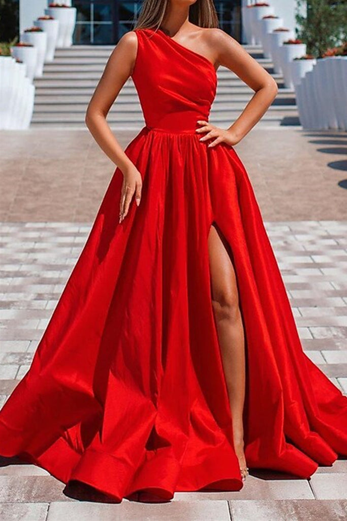 One Shoulder Red Satin Long Prom Dresses with High Slit, One Shoulder Eip Collection One Shoulder Red Satin Long Prom Dresses with High Slit, One Shoulder Eip Collection