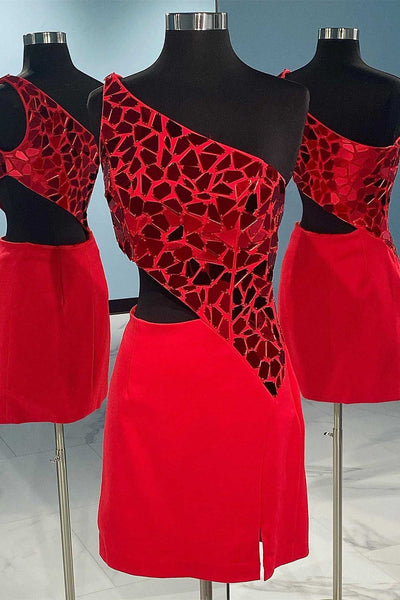 One Shoulder Short Red Prom Dresses, One Shoulder Short Red Formal Homecoming Dresses