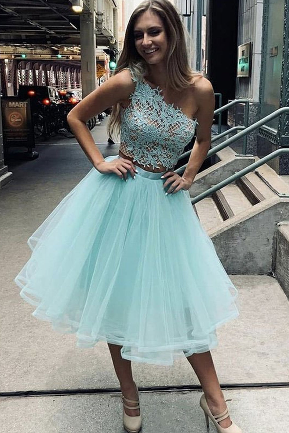 One Shoulder Two Pieces Blue Lace Prom Dresses, 2 Pieces Blue Lace Homecoming Dresses, Short Blue Lace Formal Evening Dresses EP1326