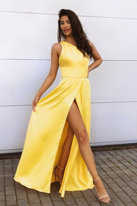 One Shoulder Yellow Satin Long Prom Dresses with High Slit, One Shoulder Yellow Formal Graduation Evening Dresses EP1470
