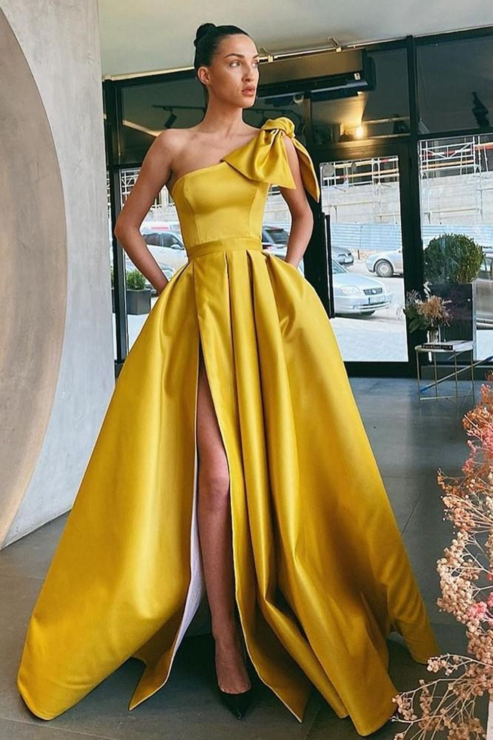 One Shoulder Yellow Satin Long Prom Dresses with High Slit, One Should Eip Collection One Shoulder Yellow Satin Long Prom Dresses with High Slit, One Should Eip Collection