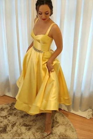 Open Back Ankle Length Yellow Prom Homecoming Dresses, Yellow Ankle Length Formal Graduation Evening Dresses EP1626