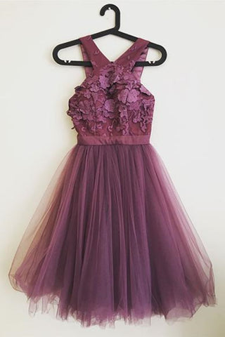 Open Back Dark Purple Lace Short Prom Dresses, Dark Purple Lace Homecoming Dresses, Dark Purple Formal Evening Dresses EP1561
