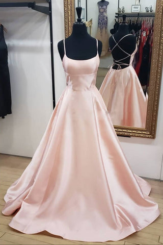 Open Back Pink Satin Long Prom Dresses, Backless Pink Satin Long Formal Evening Dresses