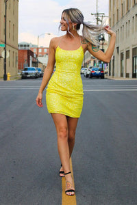 Open Back Short Yellow Prom Dresses, Short Yellow Backless Formal Homecoming Dresses