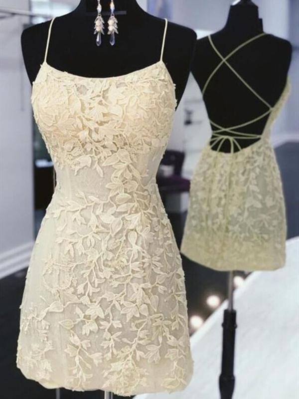 Open Back Short Yellow Purple Lace Prom Dresses, Short Backless Yellow Purple Lace Formal Homecoming Dresses