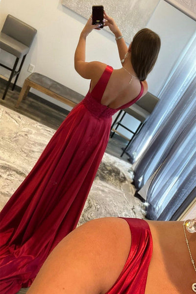 Open Back V Neck Burgundy Long Prom Dresses with Lace, V Neck Burgundy Formal Graduation Evening Dresses with High Slit EP1900