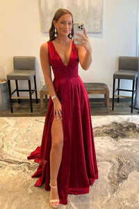 Open Back V Neck Burgundy Long Prom Dresses with Lace, V Neck Burgundy Formal Graduation Evening Dresses with High Slit EP1900