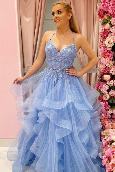 Open Back V Neck Light Blue Lace Long Prom Dresses, Light Blue Lace Formal Evening Dresses, Blue Tulle Ball Gown EP1760