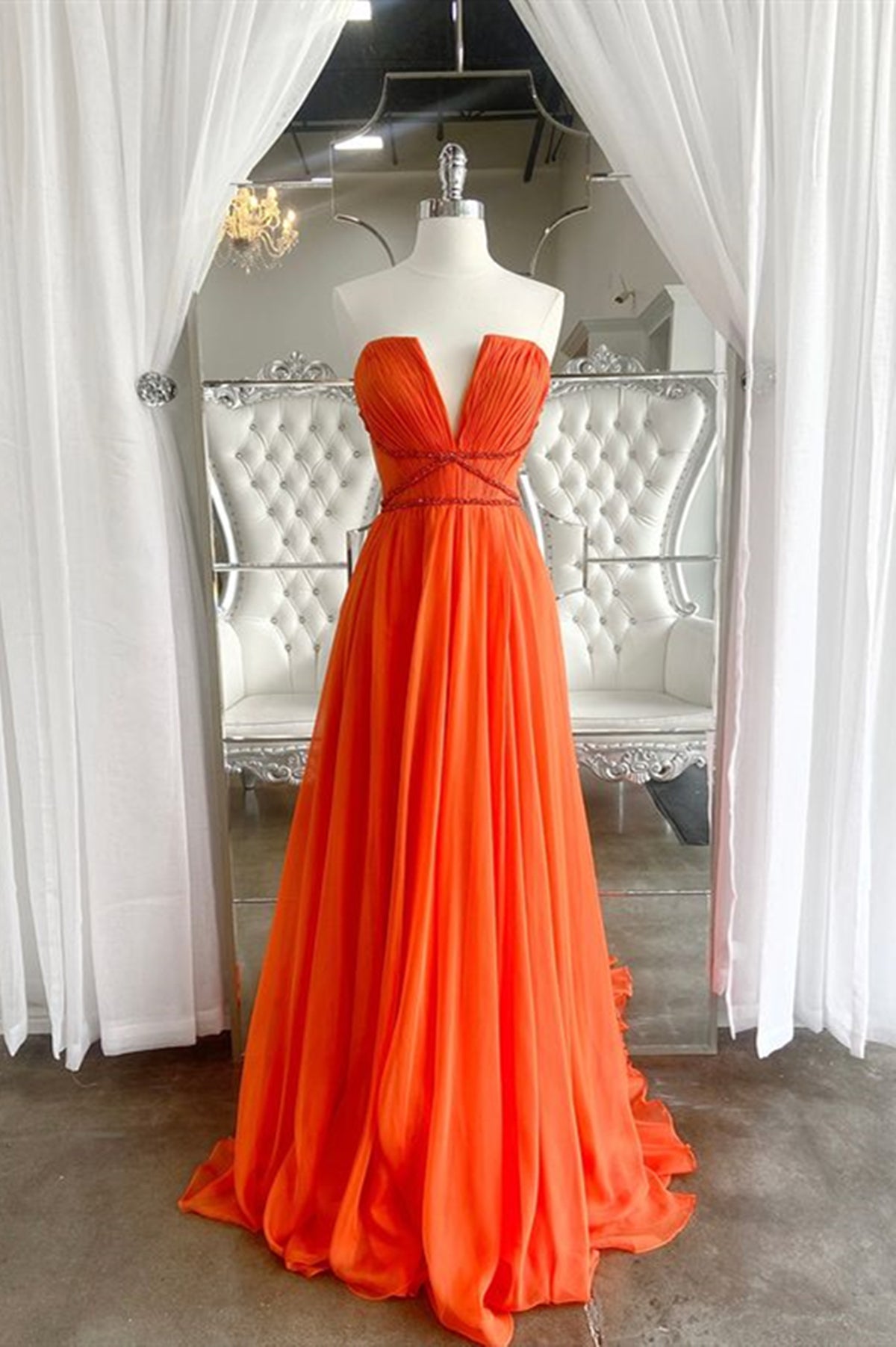 Orange Chiffon Long Prom Dresses, Orange Long Formal Evening Dresses