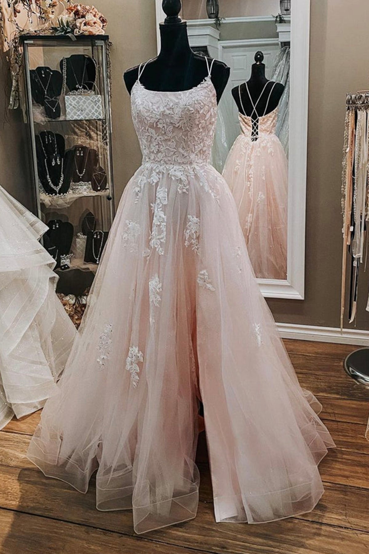 Pink Lace Appliques A Line Open Back Tulle Long Prom Dresses, Pink Lac Eip Collection Pink Lace Appliques A Line Open Back Tulle Long Prom Dresses, Pink Lac Eip Collection