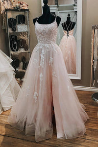 Pink Lace Appliques A Line Open Back Tulle Long Prom Dresses, Pink Lace Formal Graduation Evening Dresses EP1787