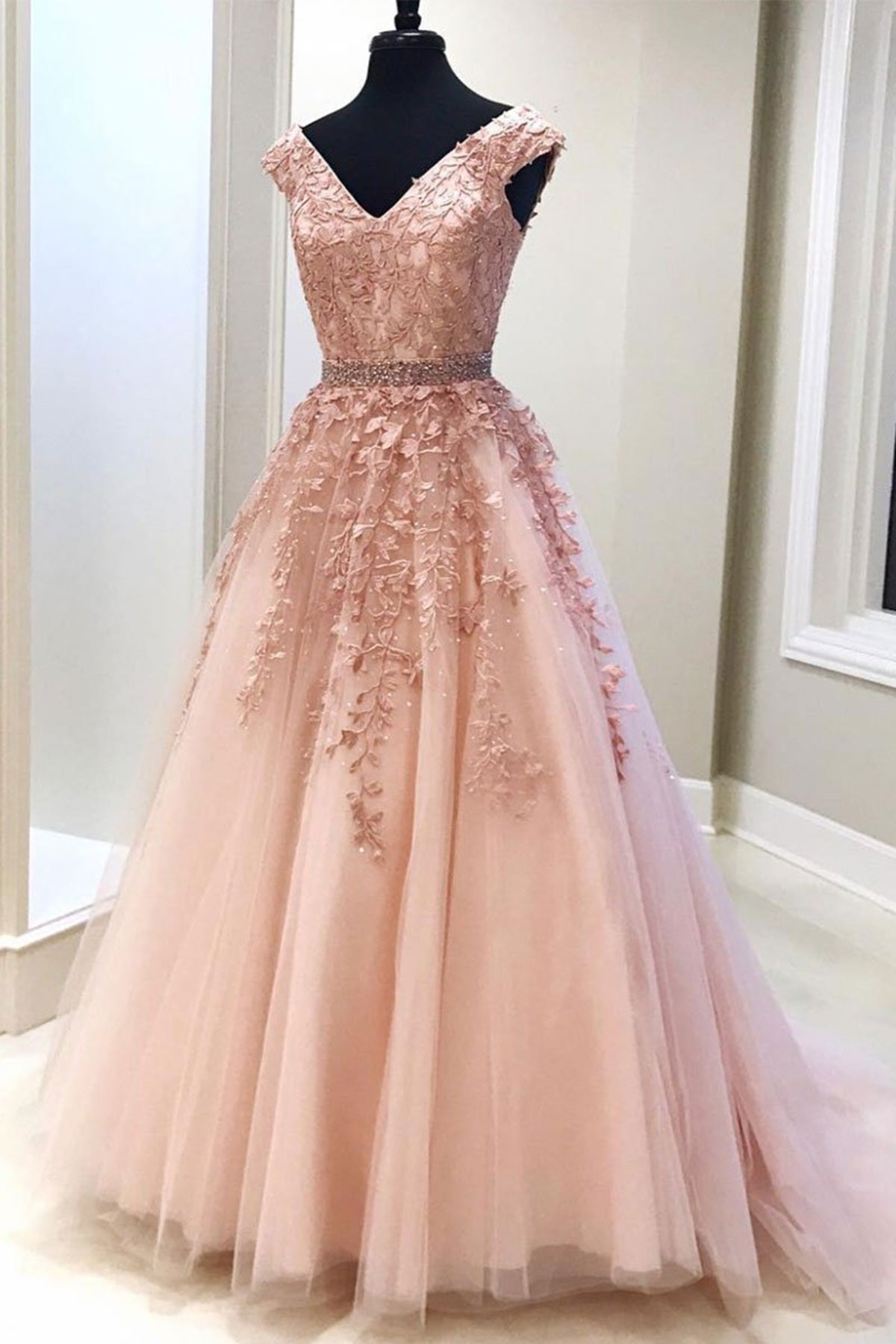 Pink V Neck Long Lace Prom Dresses, Pink V Neck Long Lace Formal Evening Dresses