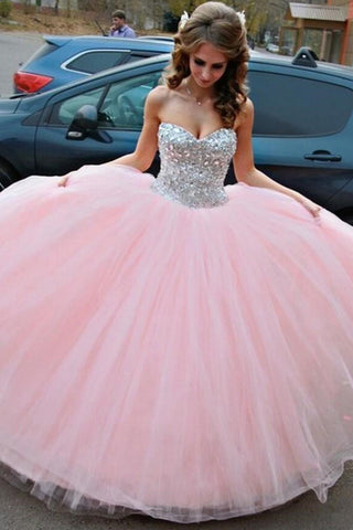 Pretty Sweetheart Neck Pink Prom Dresses, Beaded Pink Formal Evening Dresses, Pink Ball Gown EP1401