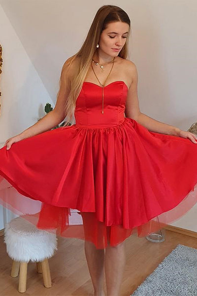 Princess Strapless Red Short Prom Dresses, Red Homecoming Dresses, Red Formal Graduation Evening Dresses EP1493