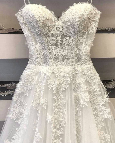 Princess Sweetheart Neck White Lace Prom Wedding Dresses, Ivory Lace Formal Dresses, White Evening Dresses EP1441