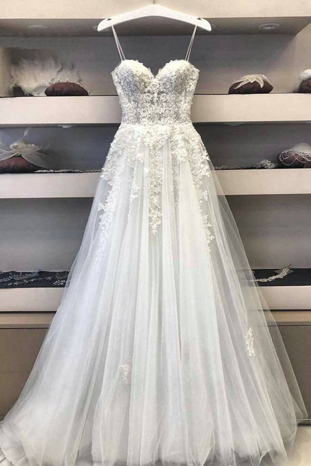 Princess Sweetheart Neck White Lace Prom Wedding Dresses, Ivory Lace Formal Dresses, White Evening Dresses EP1441