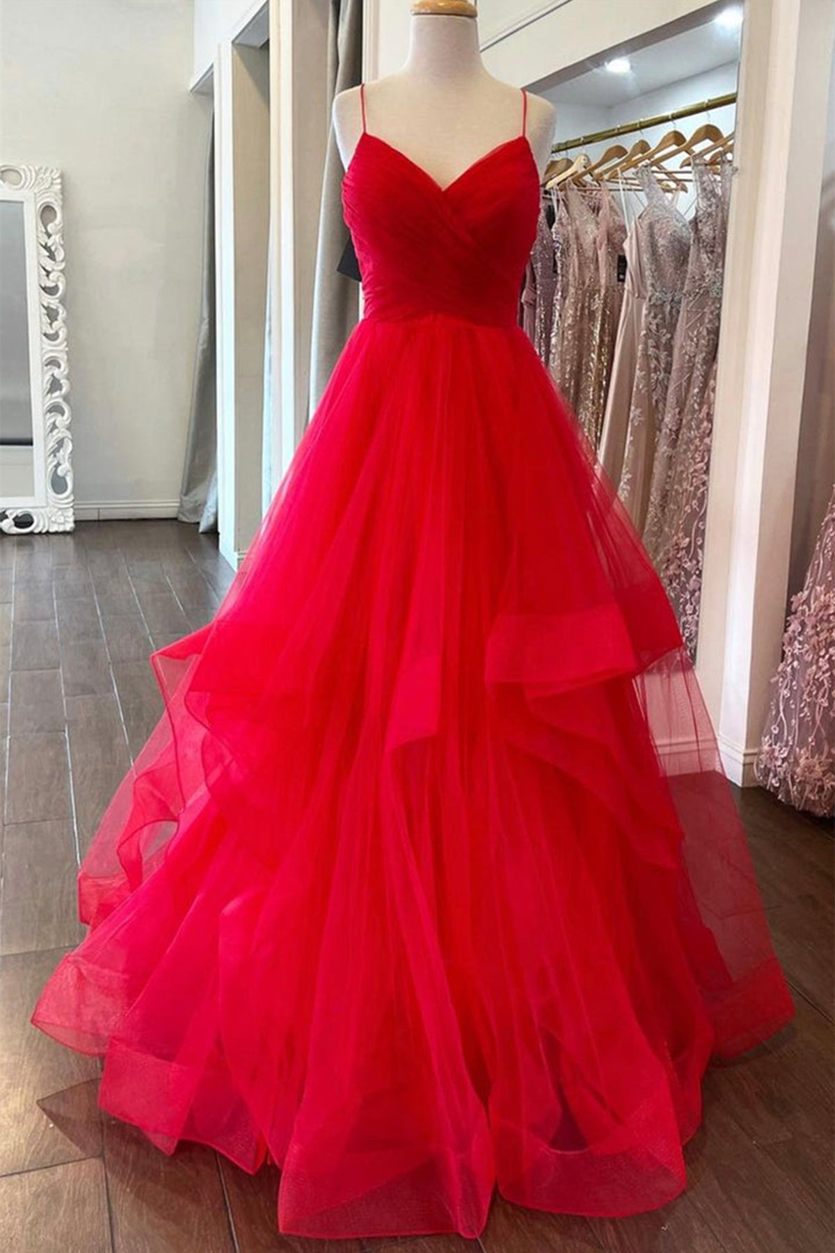 Puffy Red Tulle V Neck Long Prom Dresses, V Neck Red Formal Dresses, R Eip Collection Puffy Red Tulle V Neck Long Prom Dresses, V Neck Red Formal Dresses, R Eip Collection