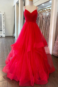 Puffy Red Tulle V Neck Long Prom Dresses, V Neck Red Formal Dresses, Red Evening Dresses EP1697