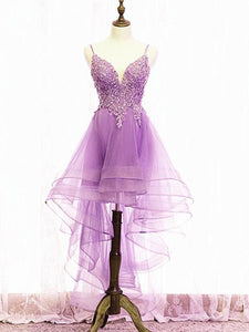Purple High Low Lace Prom Dresses, Light Purple High Low Lace Formal Homecoming Dresses