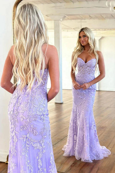 Purple Mermaid Lace Prom Dresses, Purple Lace Mermaid Long Formal Evening Dresses