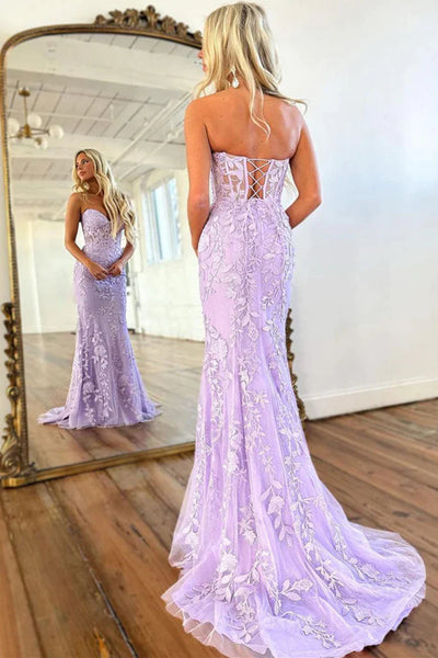 Purple Mermaid Lace Prom Dresses, Purple Lace Mermaid Long Formal Evening Dresses