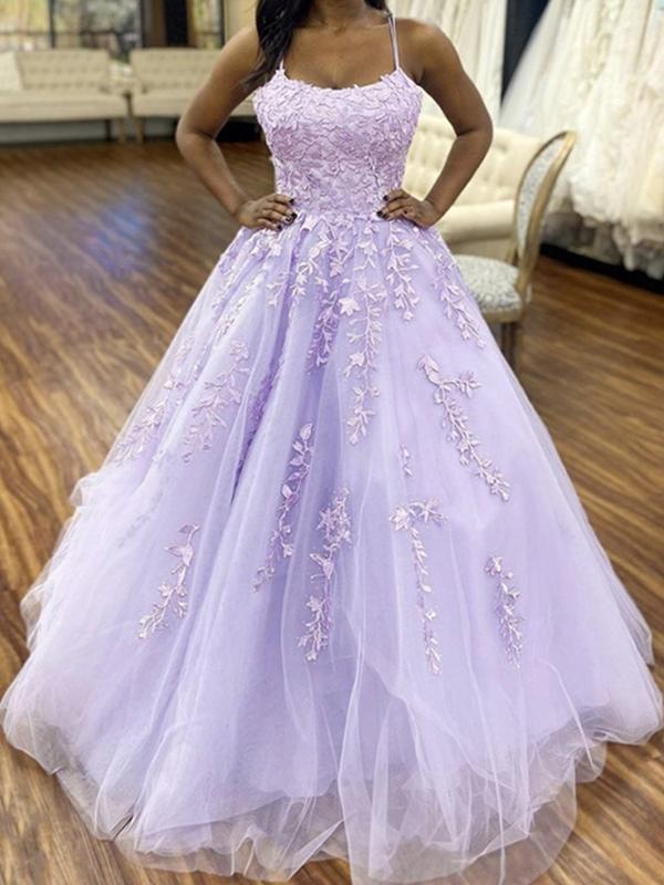 Purple Tulle Long Lace Prom Dresses, Open Back Purple Lace Formal Evening Dresses