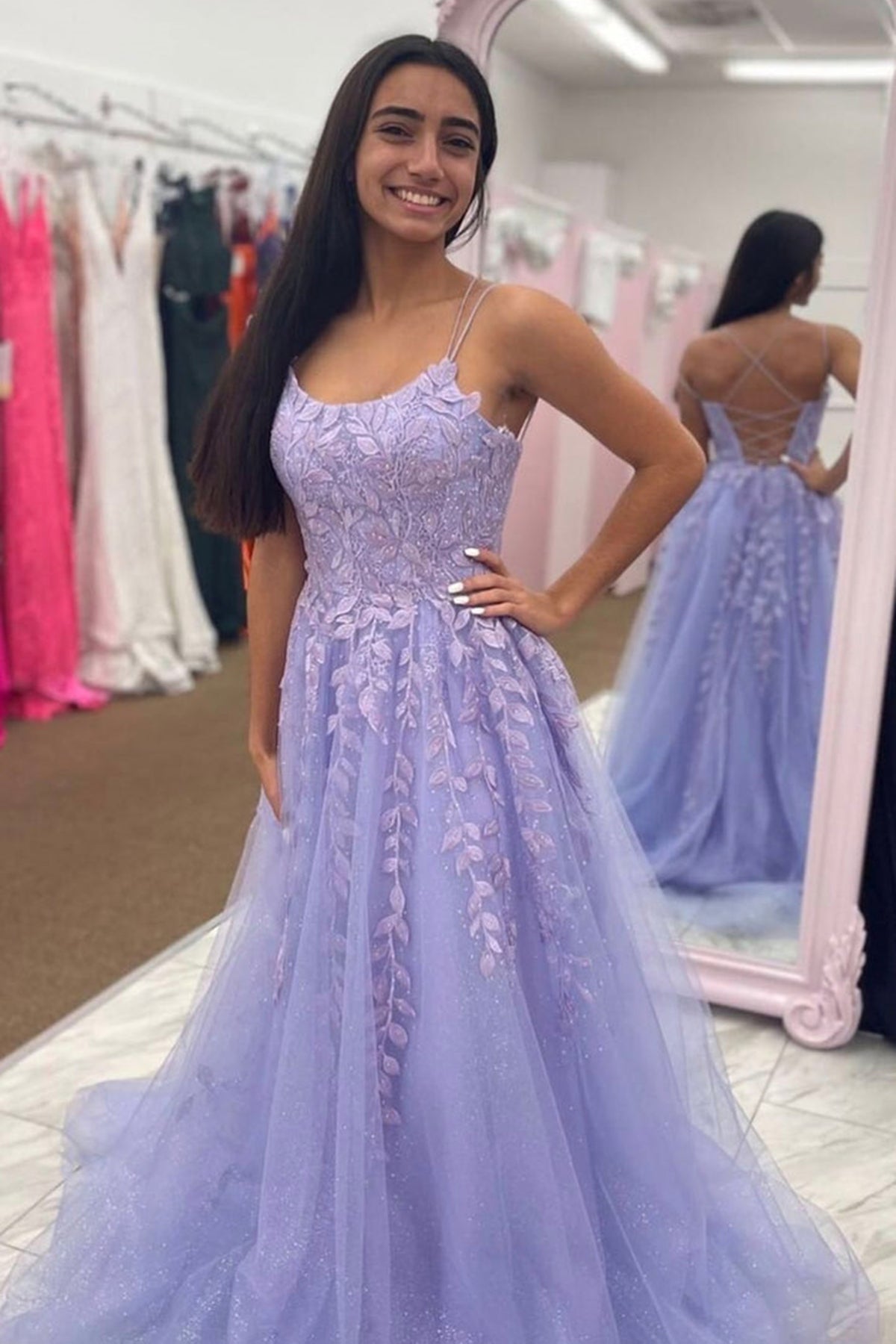 Purple Tulle Open Back Lace Long Prom Dresses, Purple Lace Formal Grad Eip Collection Purple Tulle Open Back Lace Long Prom Dresses, Purple Lace Formal Grad Eip Collection