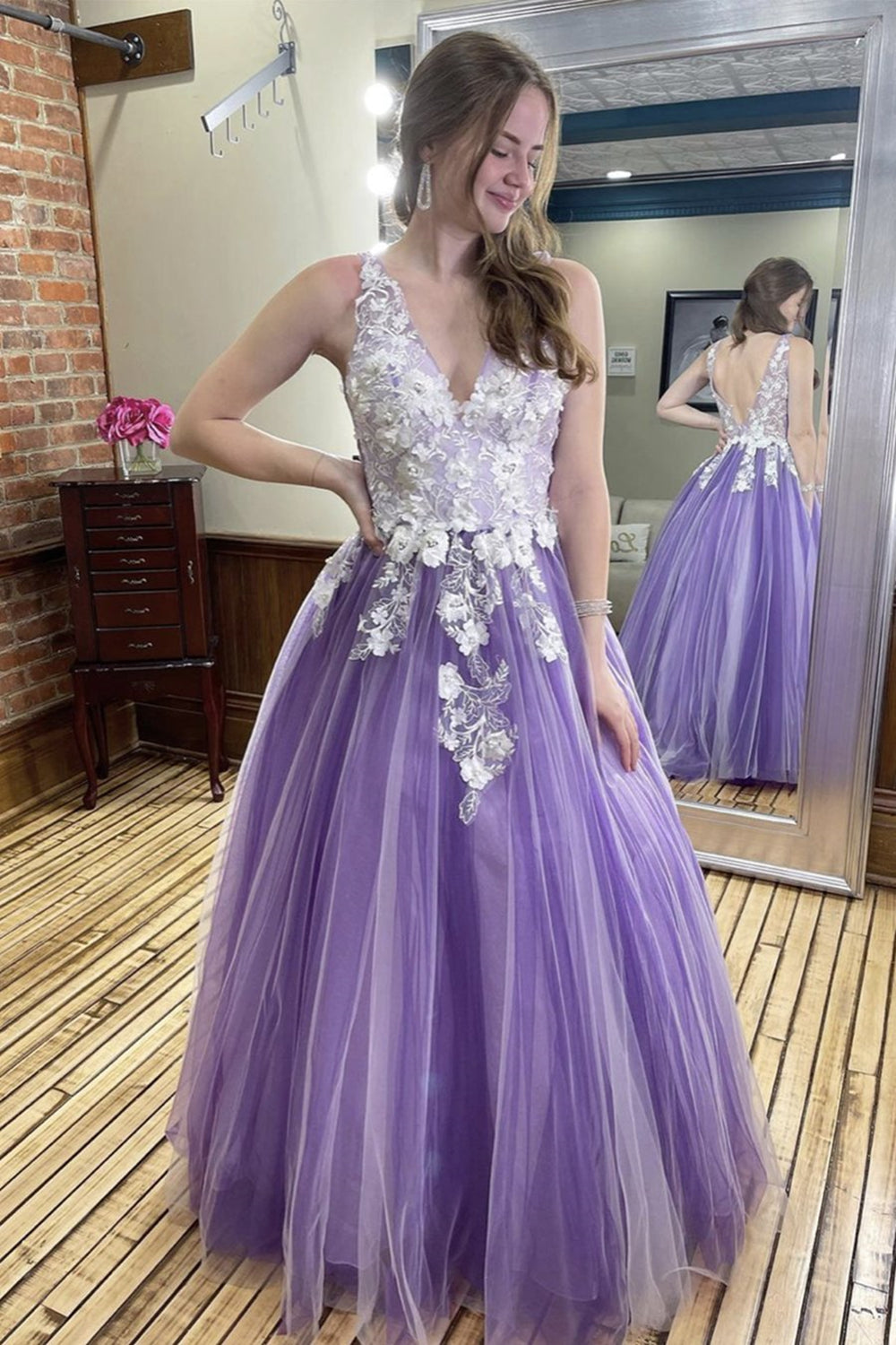 Purple Tulle V Neck Lace Floral A Line Long Prom Dress Open Back Forma Eip Collection Purple Tulle V Neck Lace Floral A Line Long Prom Dress Open Back Forma Eip Collection