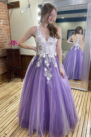 Purple Tulle V Neck Lace Floral A Line Long Prom Dress Open Back Formal Dress Evening Dress