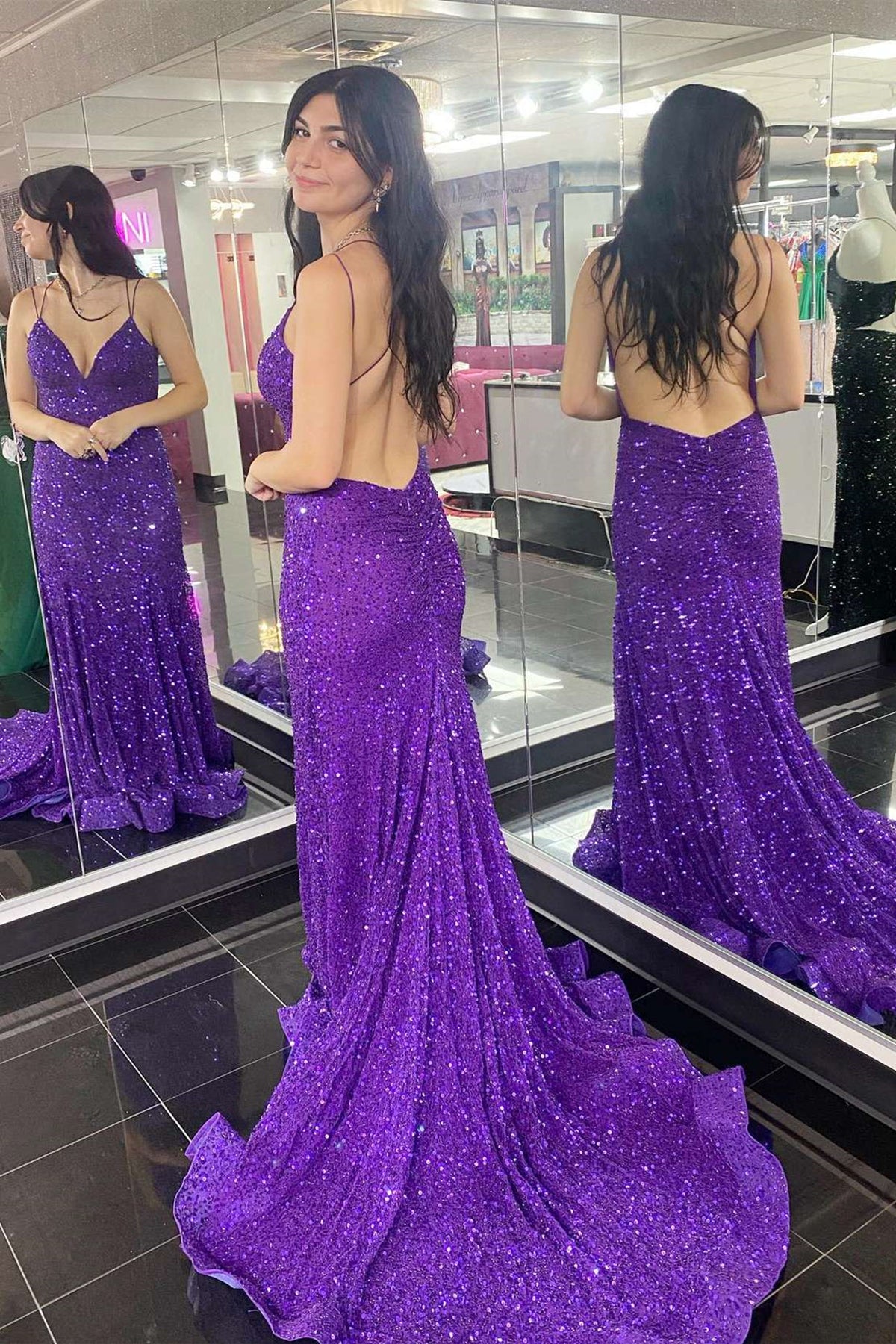 Purple V Neck Backless Sequins Long Prom Dresses, Open Back Purple Sequins Formal Evening Dresses