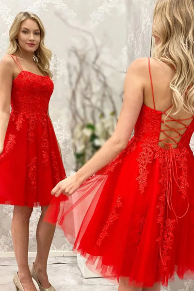 Red Backless Short Lace Prom Dresses, Short Red Lace Graduation Homecoming Dresses