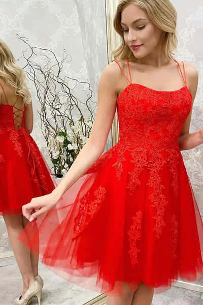 Red Backless Short Lace Prom Dresses, Short Red Lace Graduation Homecoming Dresses