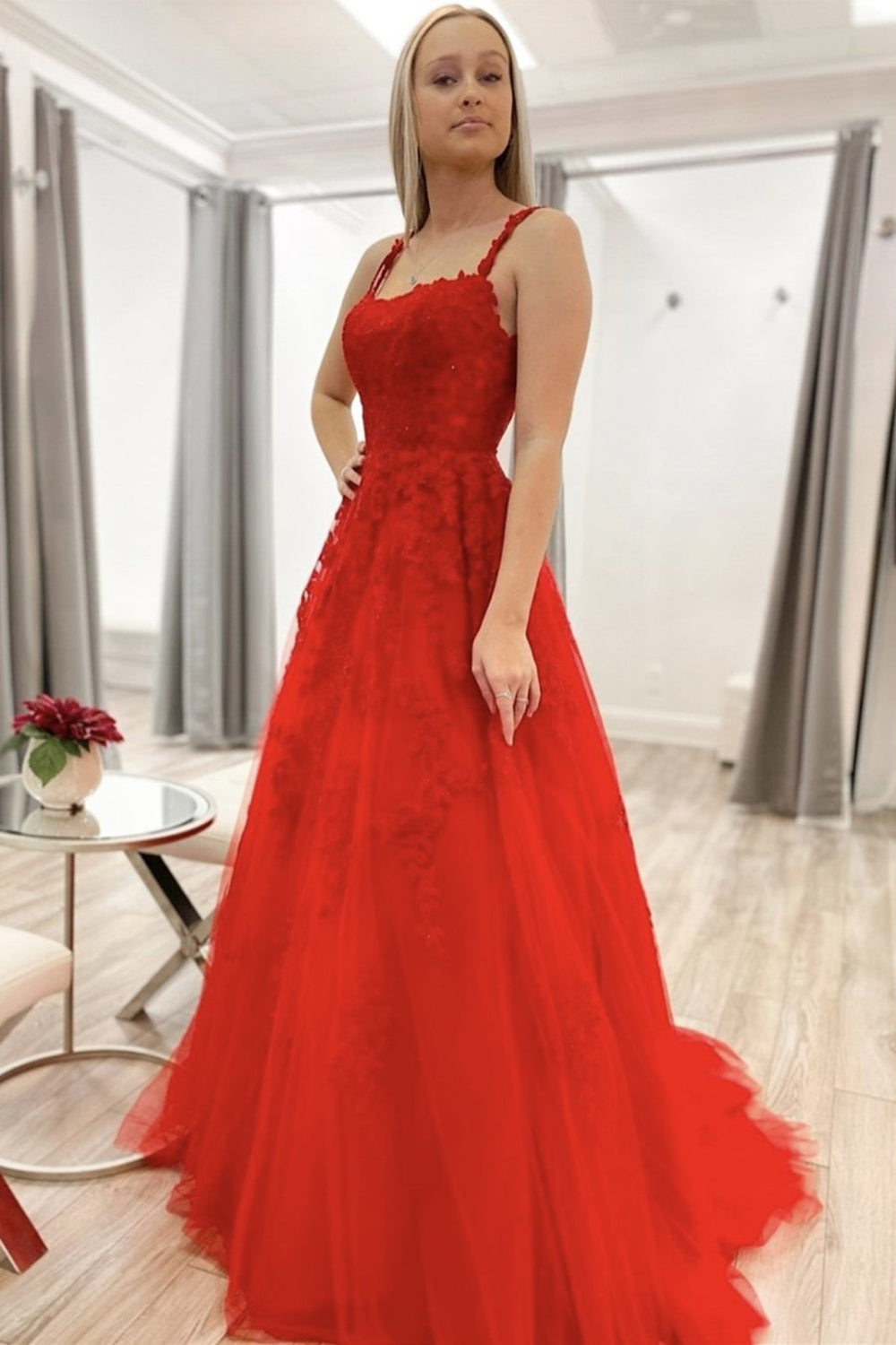 Red Lace A Line Long Prom Dress Thin Straps Formal Dress Red Evening Dress