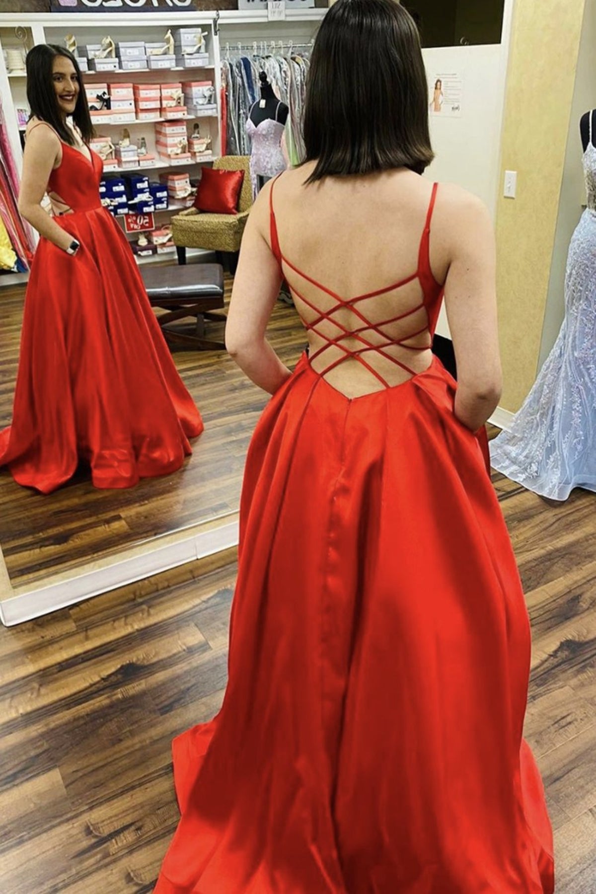 Red Satin V Neck Backless A Line Long Prom Dress Open Back Formal Dres Eip Collection Red Satin V Neck Backless A Line Long Prom Dress Open Back Formal Dres Eip Collection