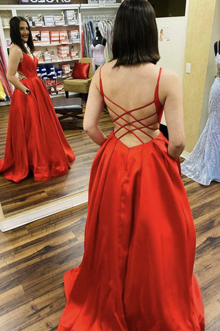 Red Satin V Neck Backless A Line Long Prom Dress Open Back Formal Dress Red Evening Dress