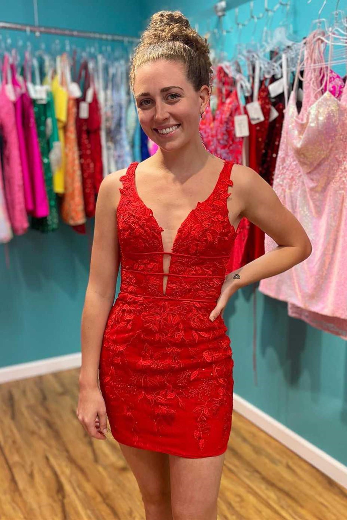 Red V Neck Short Lace Prom Dresses, Backless V Neck Short Lace Formal Eip Collection Red V Neck Short Lace Prom Dresses, Backless V Neck Short Lace Formal Eip Collection