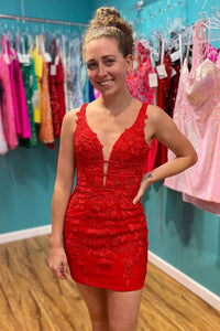 Red V Neck Short Lace Prom Dresses, Backless V Neck Short Lace Formal Homecoming Dresses